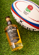 Load image into Gallery viewer, A bottle of The Fine Drop Margaux Cask Finish English Single Malt Whisky (46% ABV), pictured with an official ball of England Rugby. Celebrating the iconic drop goal that saw the men&#39;s team of England Rugby become World Champions in 2003
