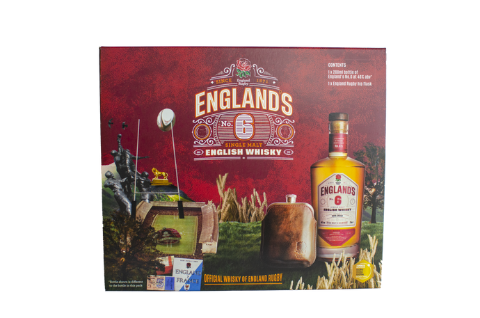 The Official Whisky of England Hip Flask GIft pack containing 200ml of England's No.6 Rum Cask and 6oz / 170ml Flask. A perfect gift for the rugby and whisky fan in your life