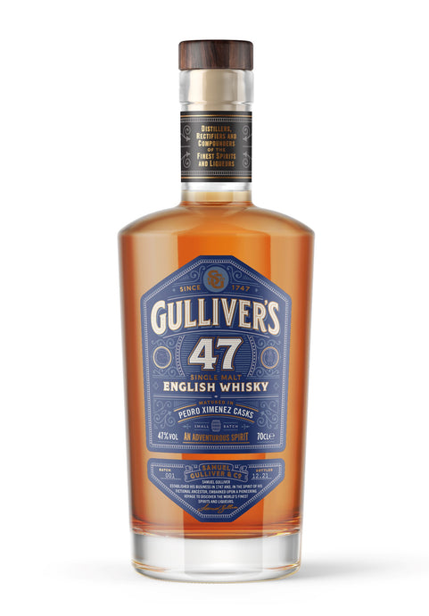 Gulliver's 47 PX Sherry Single Cask Single Malt English Whisky (700ml, 47% ABV), first launched for sale in the UK in January 2023. A six year old sherry masterpiece
